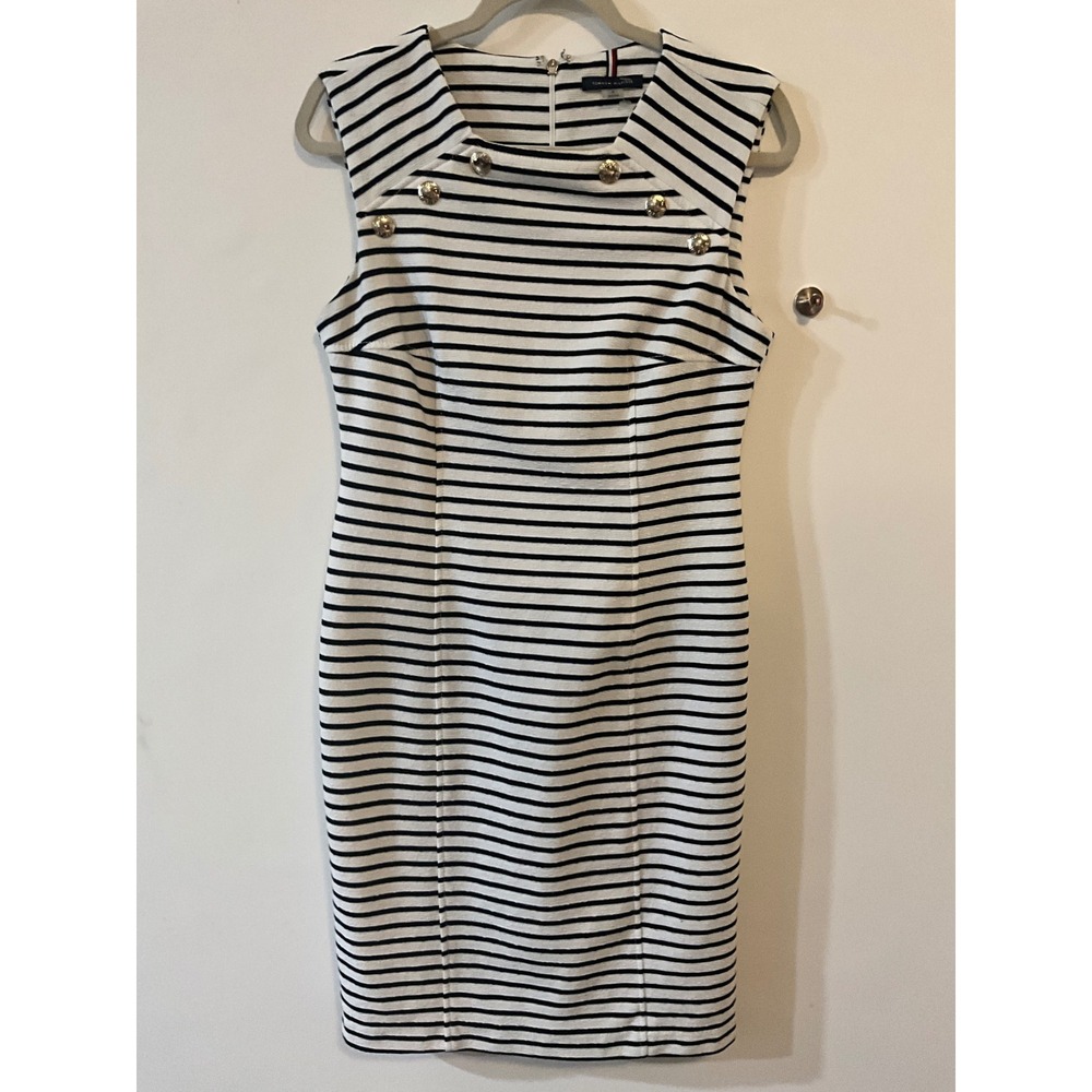 Tommy Hilfiger Women Navy White Striped Gold Button Sheath Dress Size 8